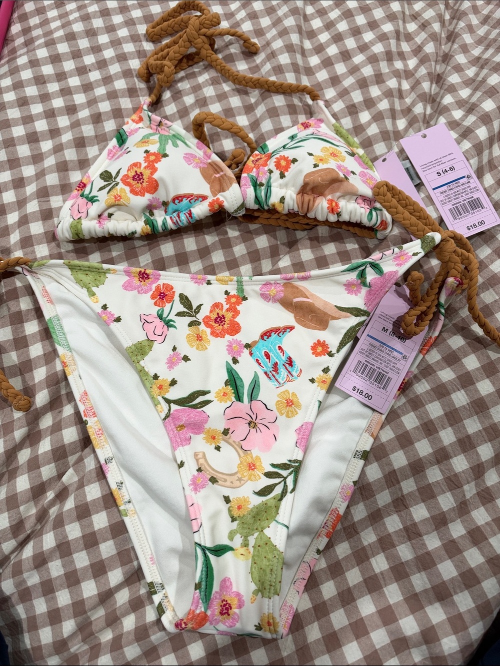 wild fable White Floral Tie-Strap Bikini with Brown Braided Ties